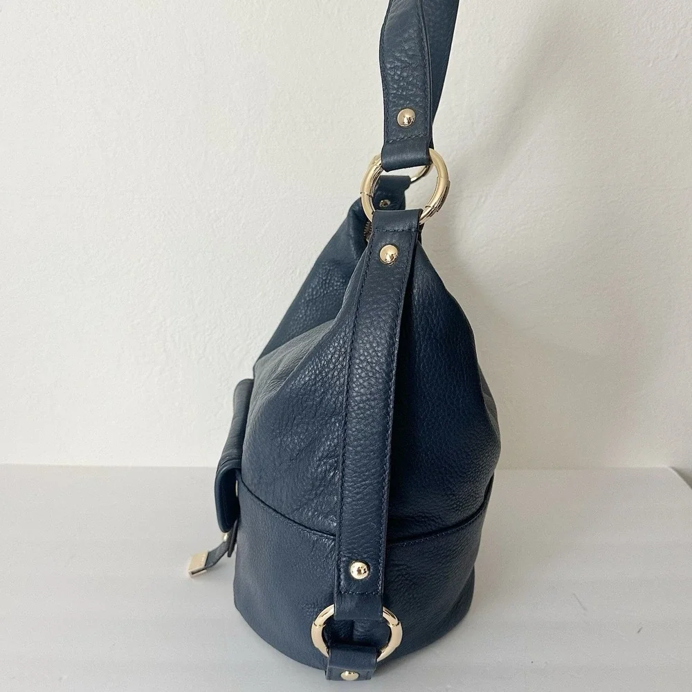 Michael Kors Fulton Large Hobo Shoulder Bag Navy Blue Pebbled Leather Gold MK